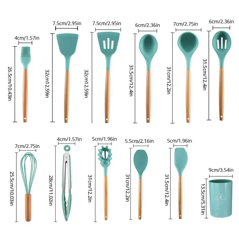 12Pcs Wooden Handle Silicone Kitchen Utensils + 1 Storage Bucket