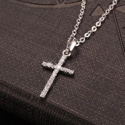 Necklace with gold or silver plated cross pendant, with crystals