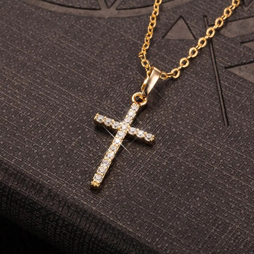 Necklace with gold or silver plated cross pendant, with crystals