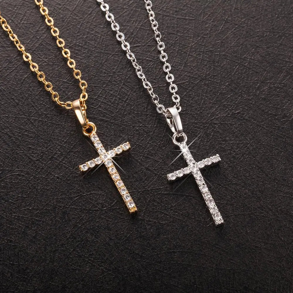 Necklace with gold or silver plated cross pendant, with crystals