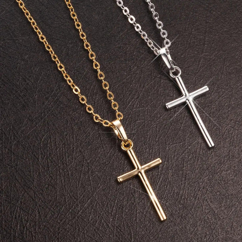 Necklace with gold or silver plated cross pendant, with crystals