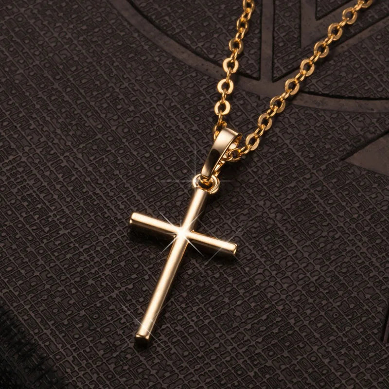 Necklace with gold or silver plated cross pendant, with crystals