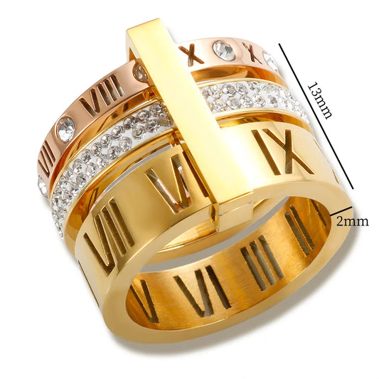 Stainless Steel Rotating Three Layer Roman Numeral Ring with Crystals