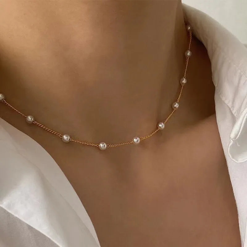 Choker with chain, pearl necklace in gold or silver